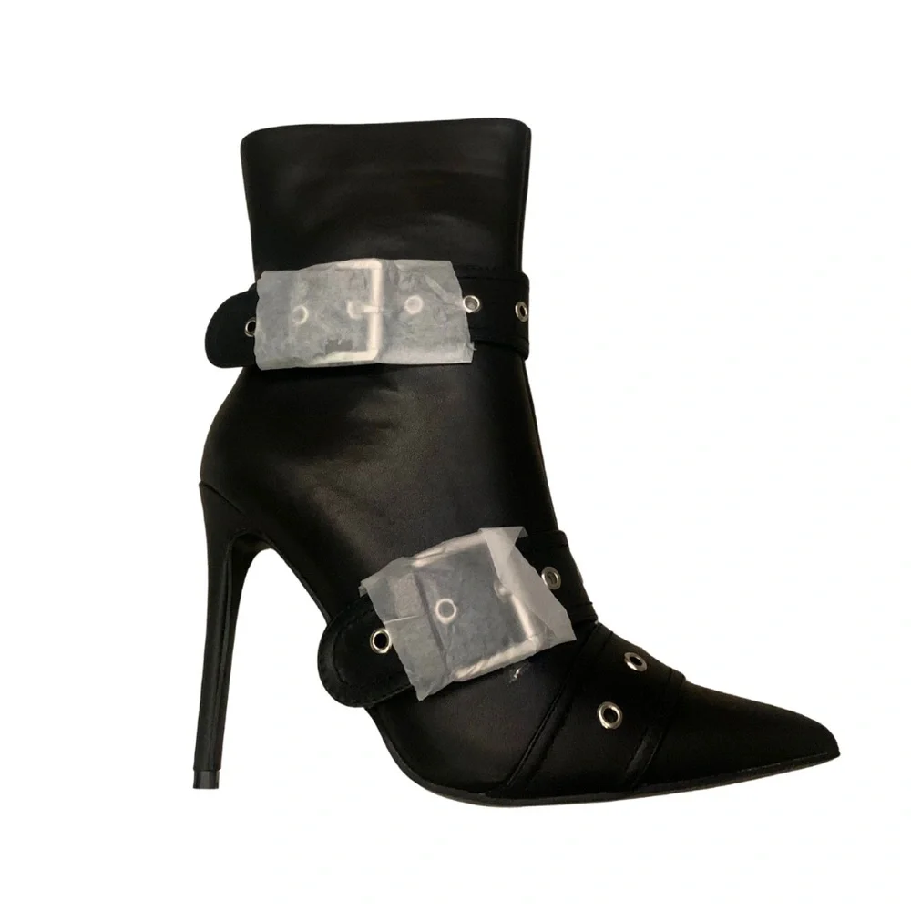 PLT Black Faux Leather Pointed Toe Buckle Heel Ankle Boot 9 Chelsea Rocker Biker - Picture 6 of 8